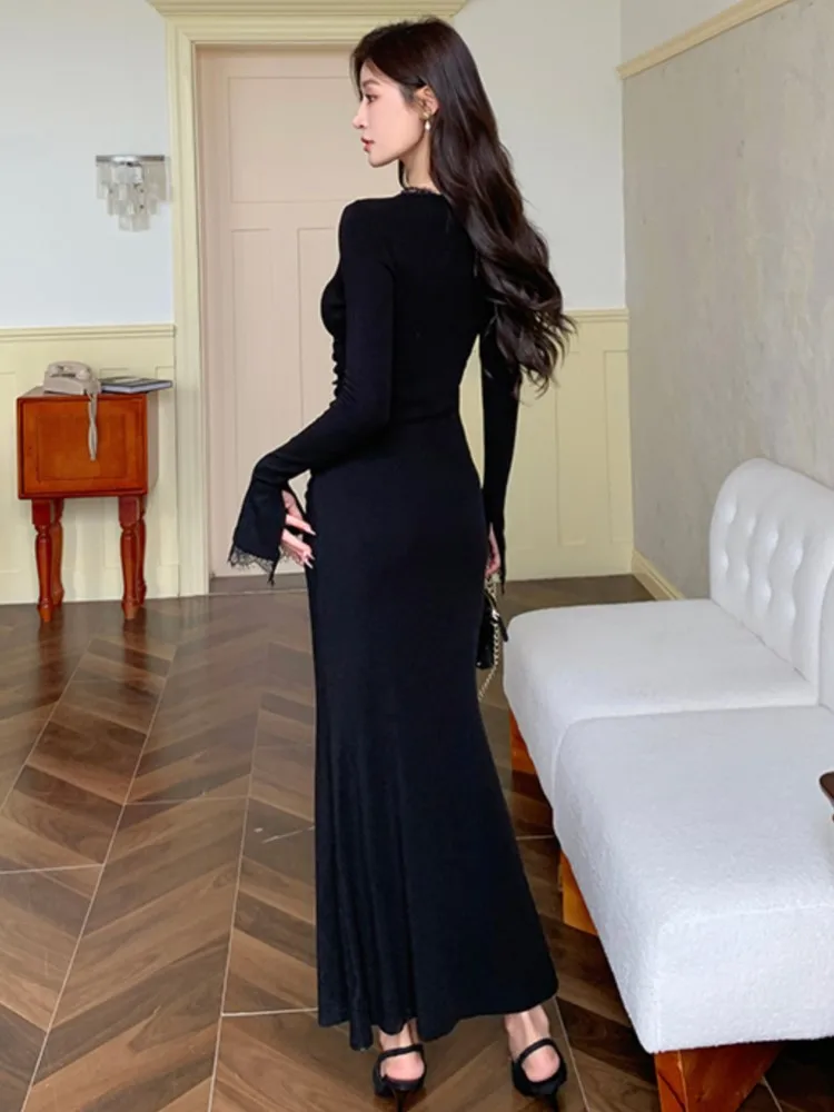 Elegant Black Mermaid Dresses for Women Autumn Winter Lace V-Neck Long Sleeve Party Dress High Waist Slim Fit Vestidos Mujer New