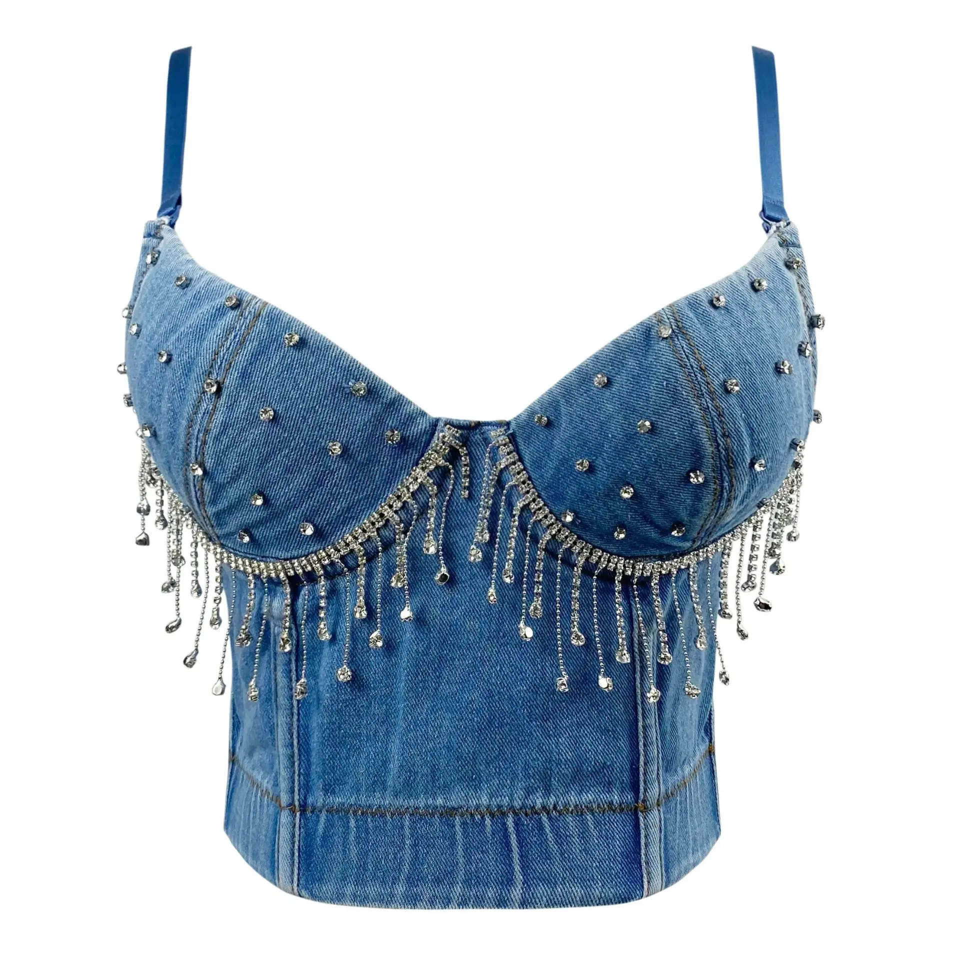 

Wome New Fashion Sexy Fringed Chain Thin Denim Vest Sleeveless Jeans Short Bustier Corset Crop Tops Brallette Mujer H304