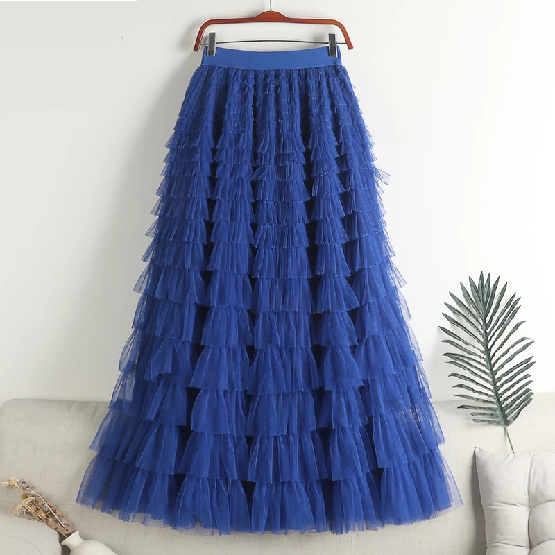 95cm 2023 New Summer Solid Mesh Skirts Gothic Multilayer Patchwork Cake Skirts High Waist Slim Maxi Tulle Skirts for Women