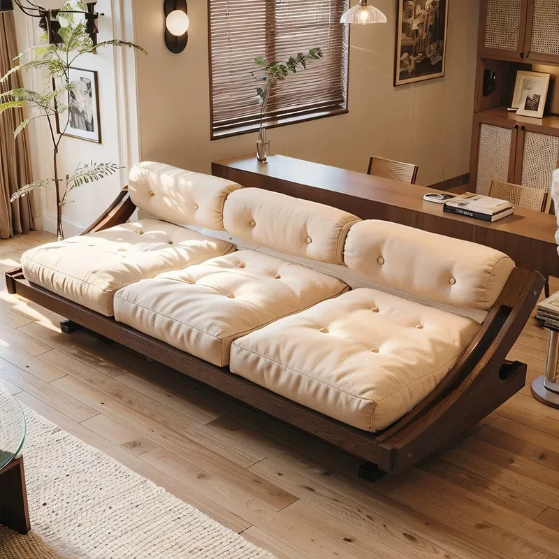 

LH small apartment sofa living room straight row retro style solid wood armrest sofa