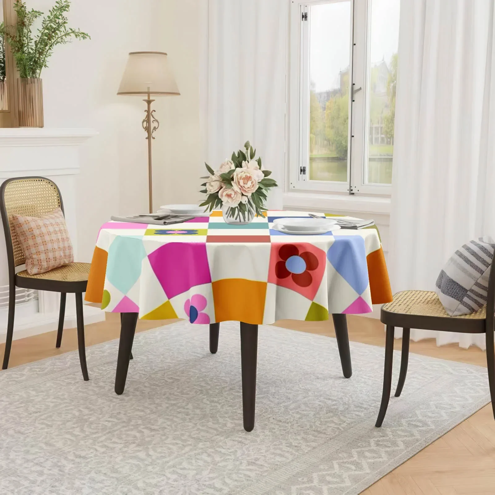 1 PC Colorful Flower Check Pattern {2D Fingerprint Printing} Printed Tableclothzyc