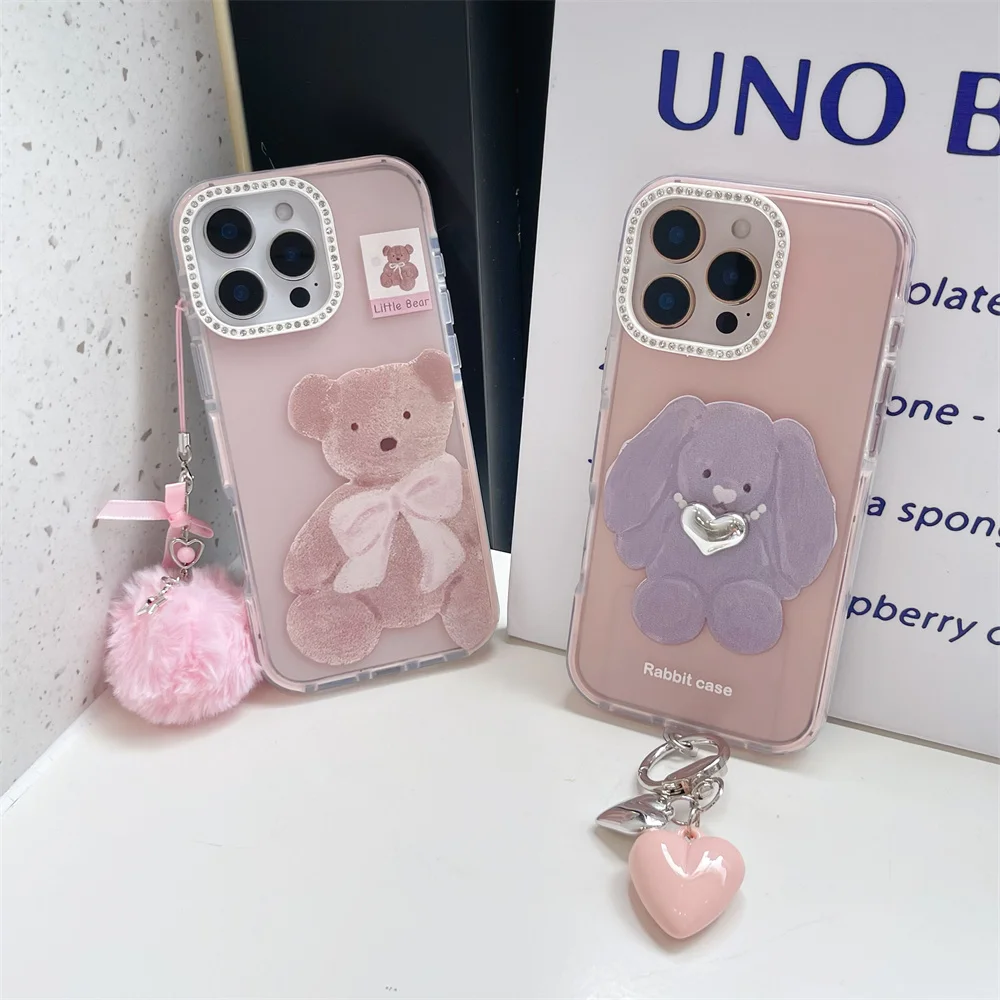 

Korean INS Cute Bow Bear Lovely Rabbit Phone Case For iphone 16 15 14 13 Pro Max Funda With Plush charm cartoon Shockproof Cases