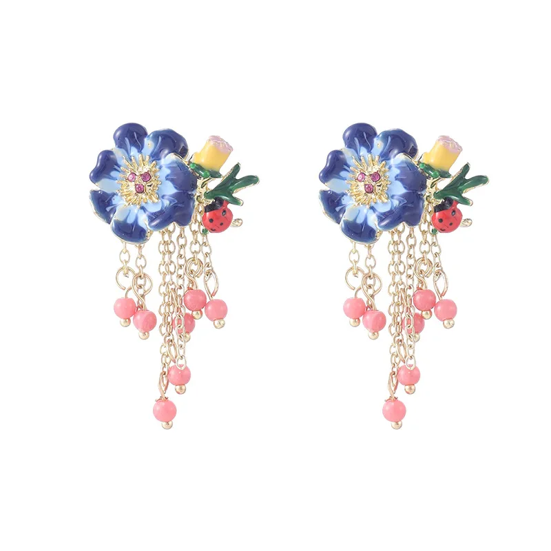 Pendientes de estilo coreano con forma de flor para mujer y niña, aretes de mariquita de Animal de cristal, joyería de fiesta