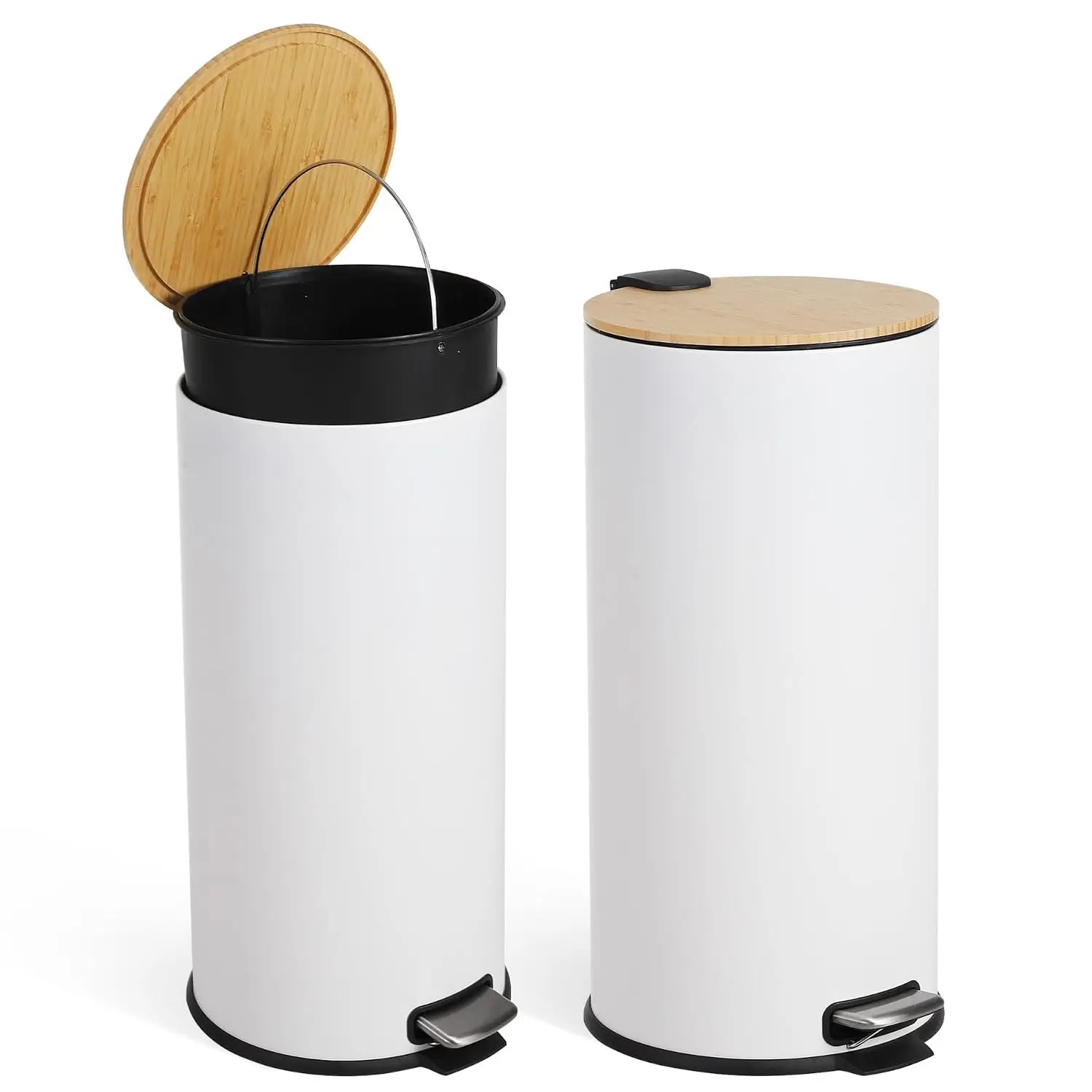 Slim Stainless Steel Step Trash Can 8 Gallon/30L - Soft-Close Wood Lid - Removable Inner Bucket - Fingerprint-Resistant - Odor Control - Modern Kitchen, Bathroom, Office Waste Bin