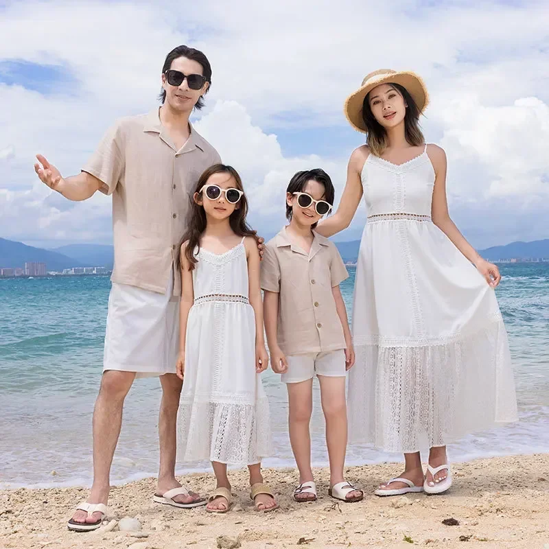 2024 Mom Dad and Son Daughter Matching Clothes Father Baby Boy Mother Girl White Sleeveless Dress All The Family Resorts Look