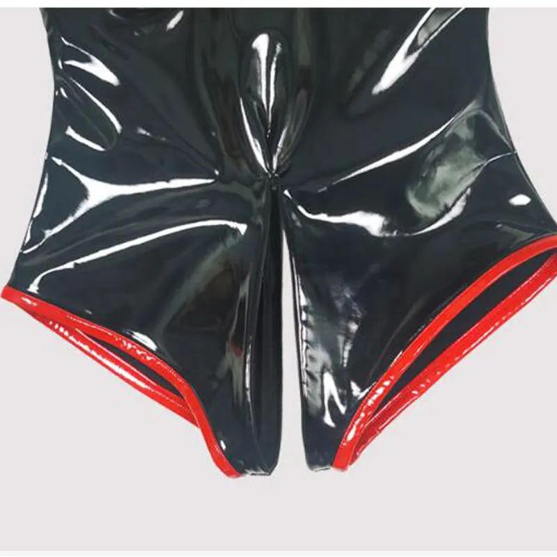 Hollow Out Sexy Bodysuit PVC Faux Latex High Cut One-piece Top Zipper Open Crotch Erotic Leotard Exotic Women Playsuit