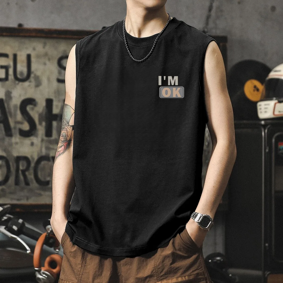 

American Sle Streetwear Cotton Vest Men's Summer Trendy Loose Fitn Sportswear Casual Versatile Base irt