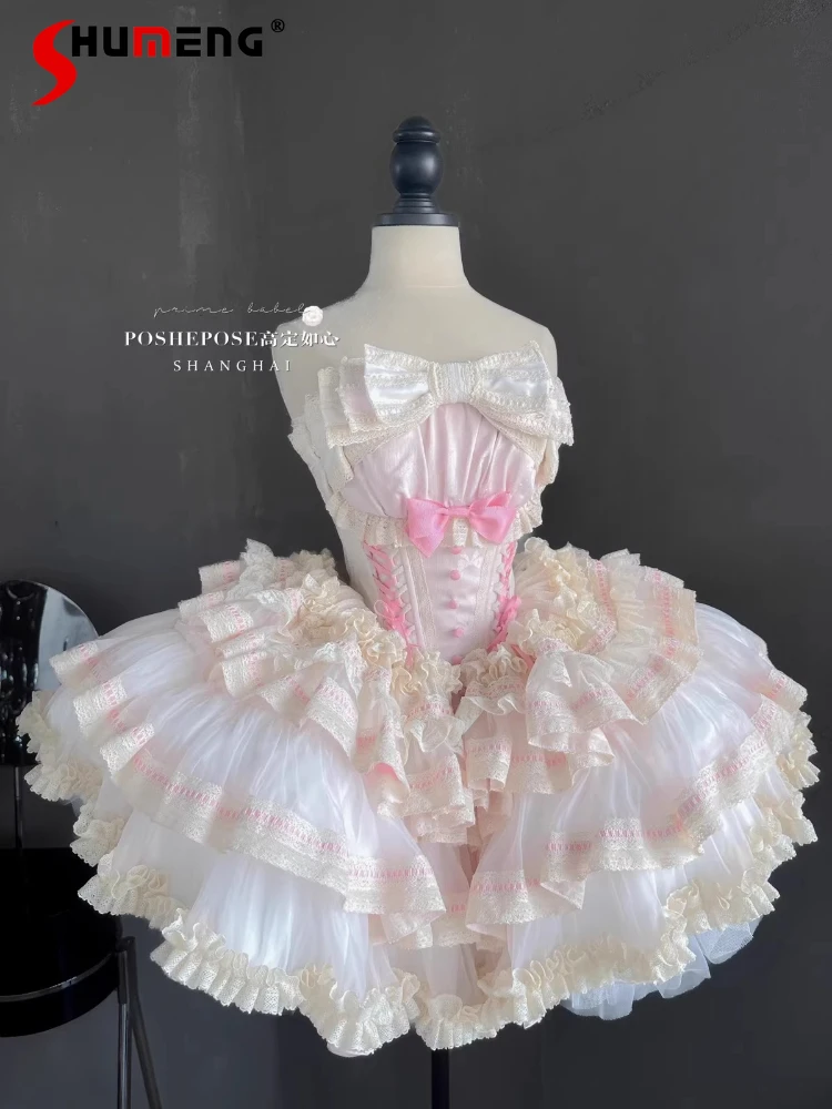 

Elegant High-end Princess Birthday Party Dresses Sleeveless Off-shoulder Bow Lace-up Ruffles Splicing Lolita Puffy Dress Women