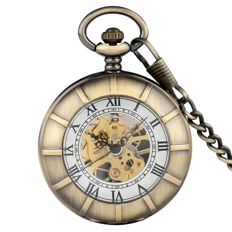 Vintage Hand Winding Mechanical Pocket Watch for Men Women Double Open Design Antique Pendant Chain Clock  with Roman Number