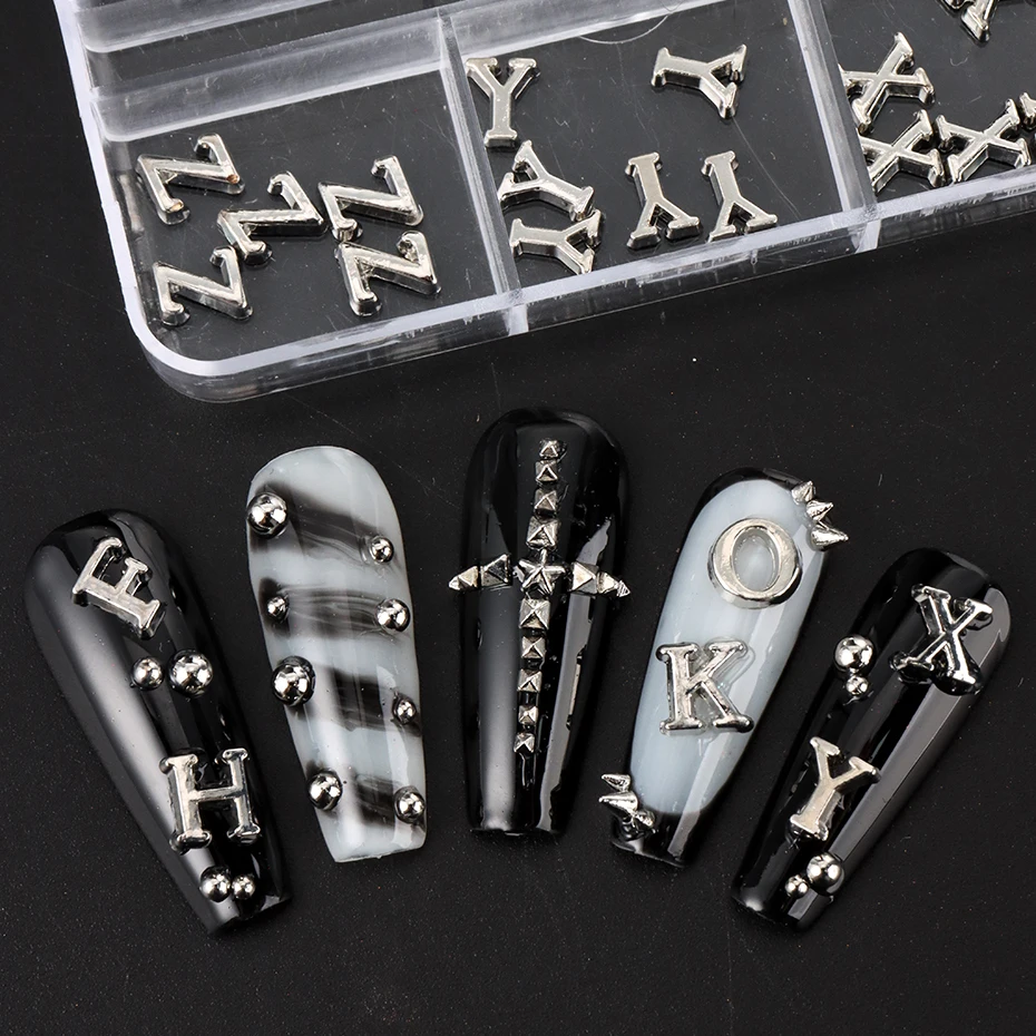 Sparkling letter bead Nail Charm - Slivery Alloy Alphabet & Number Nail Art Accessories for Women Y2K Sparkling Rhinestone Charm