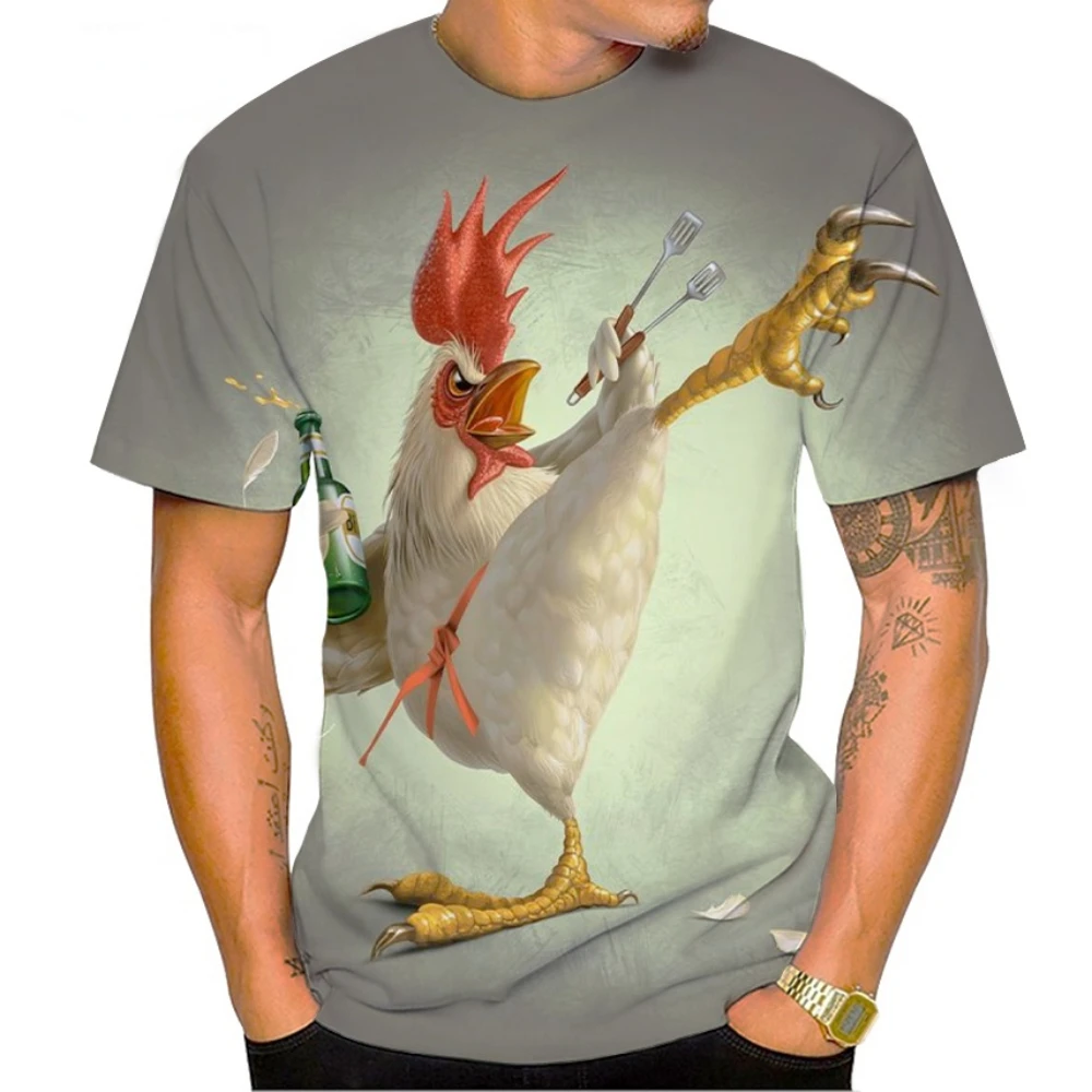 Summer New Men's T-shirt Fashion Funny Chicken Pattern Cockfighting 3D Printing Men's Round Neck Short Sleeve Loose Top