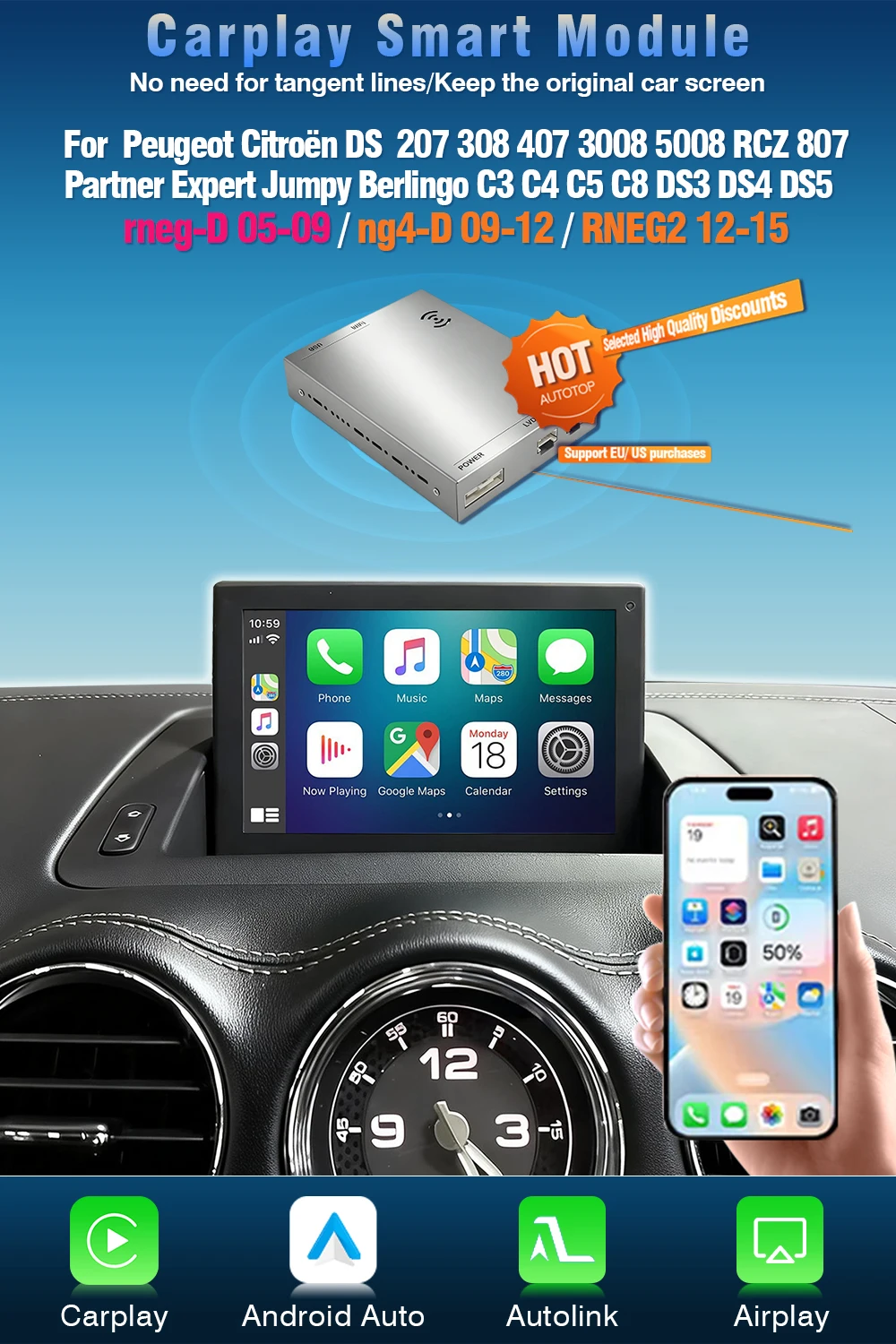 AUTOTOP Kabelloses CarPlay Android Auto Interface Nachrüst-Kits für Peugeot Citroen DS RNEG NG4 RNEG2 207 308 407 3008 5008 C3 RCZ – Detail 5