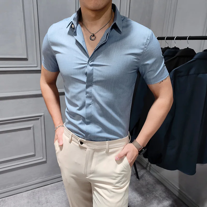 

Short Sleeved Shirt Business Dress Casual Slim Fit High-End Men's Clothing No Iron Summer Embroidery Hidden Button Little