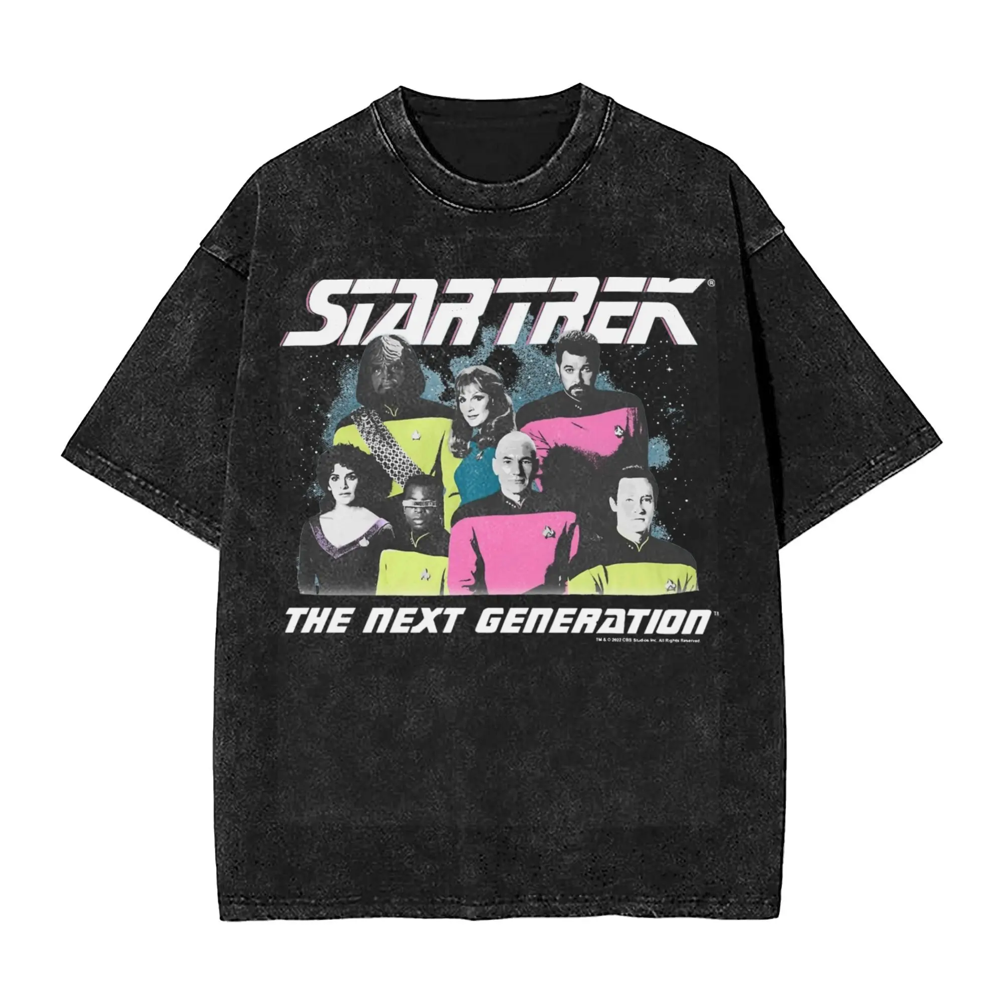 Star Trek- The Next Generation Neon Pop Crew Portrait Washed T Shirt Streetwear Hip Hop Fashion T-Shirt  Tee Shirt Men Women