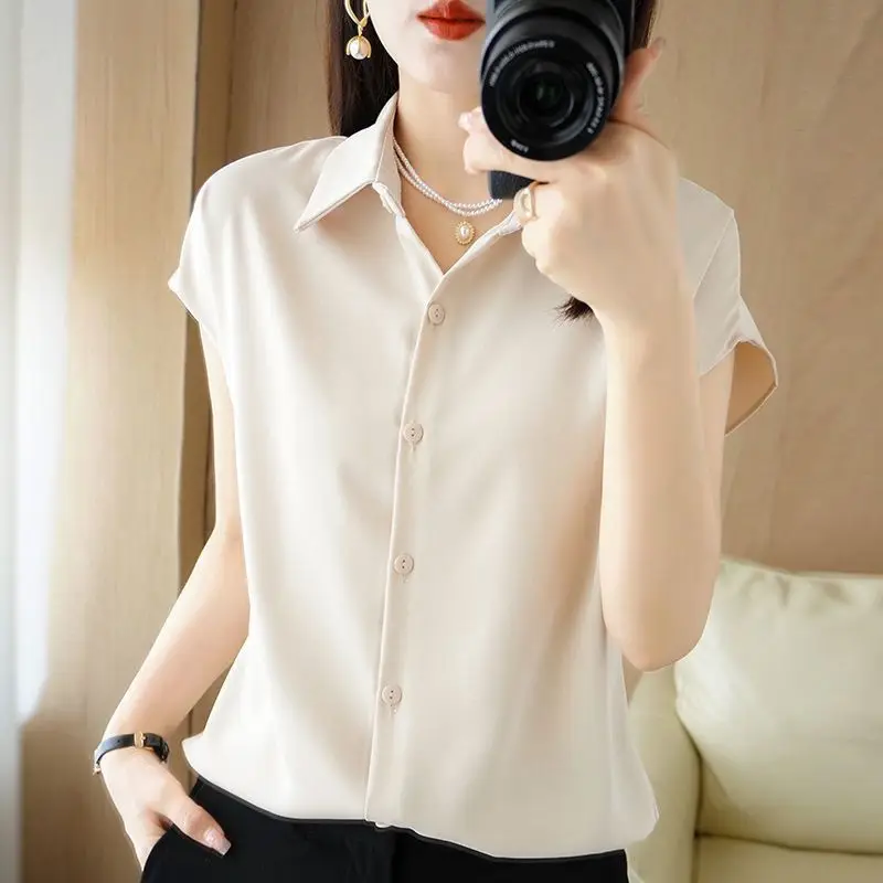 Summer New Short Sleeve Solid Color Blouse Polo Neck All-match Button Thin Office Shirt Tops Elegant Fashion Women Clothing