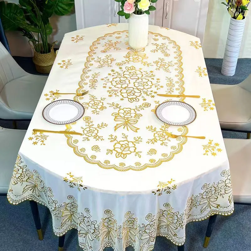 

European Style Oval Tablecloth Waterproof PVC No-Wash Gold Embossed Tablecloth for Home Use Oil-Resistant round Tablecloth