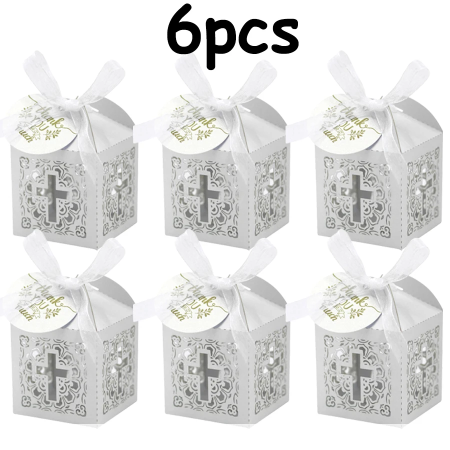 Laser Cut Cross White Candy Boxes with Tags & Ribbons