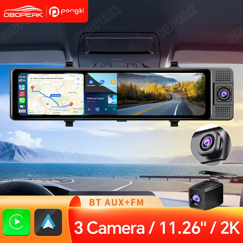 

11.26 Inch 2.5K 1440P 3 Channel Dash Cam GPS with Wireless Carplay & Android Auto Voice Control Backup Camera IR Night Vision