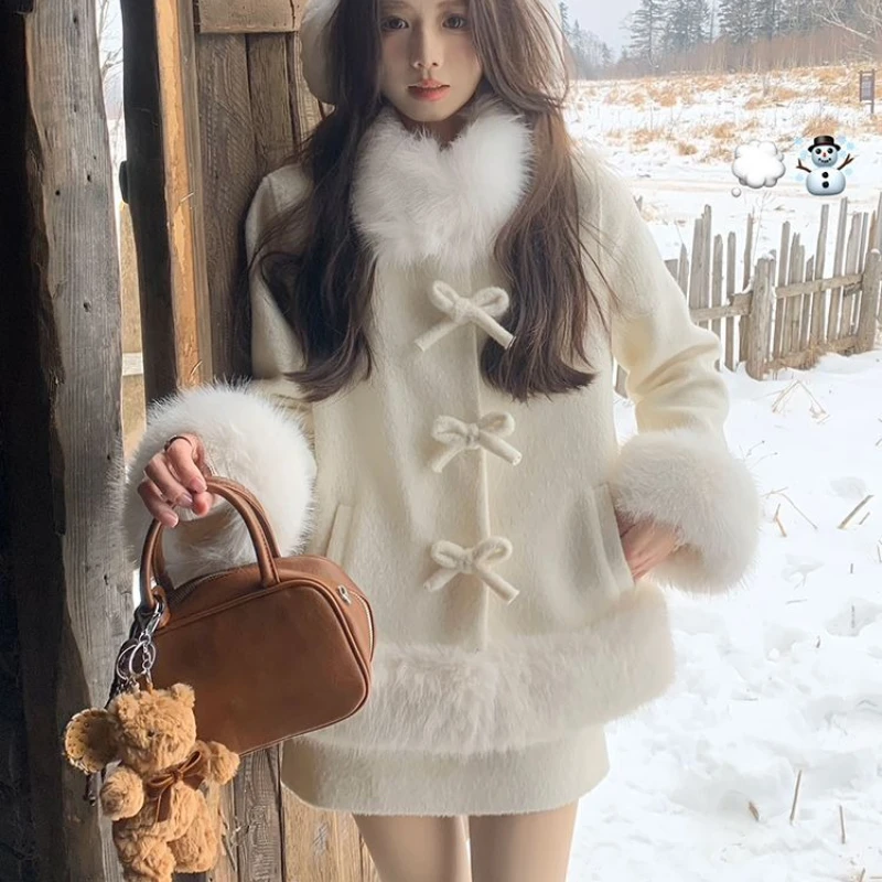 

Зимний элегантный милый комплект из двух предметов для женщин Kawaii с плюшевым воротником и бантом, шерстяные куртки, тонкие мини-юбки, костюмы, корейская мода, наряды Y2k