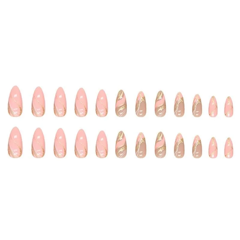 24 Pcs New Press on Nails Almond Medium Fake Nail Lovely Pink with Golden Lines False Nails for Women and Girls Stick