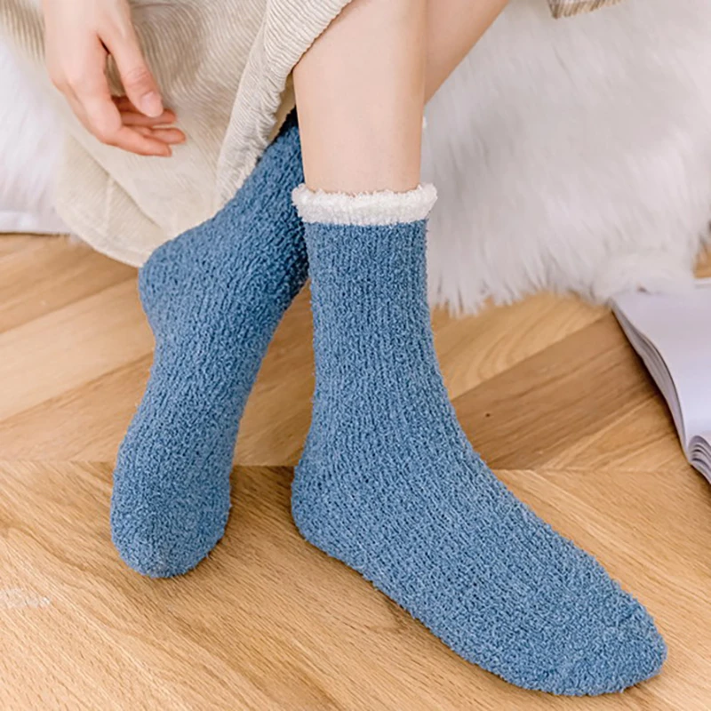 1 par de calcetines de terciopelo Coral a la moda para mujeres y niñas, calcetines térmicos gruesos y suaves y esponjosos para invierno, calcetines para dormir en el suelo del hogar