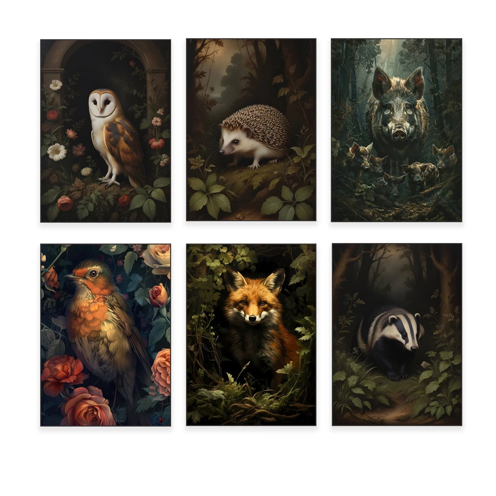 Weelderig birds and floral plants, badger painting, hedgehog, vole, red fox in forest, barn owl, dark moody wildlife poster