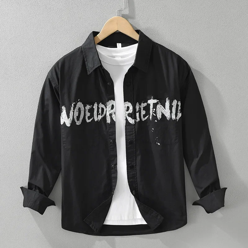 

Японская модная черная рубашка с длинным рукавом, мужские повседневные удобные топы из чистого хлопка, рубашка с буквенным принтом, молодежная уличная одежда, свободные рубашки