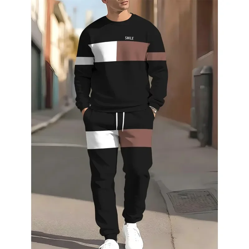 Men Round Neck Sweater Set 3D Letter Pattern Printed Casual Comfortable Fashionable Autumn Winter New Style Clothing
