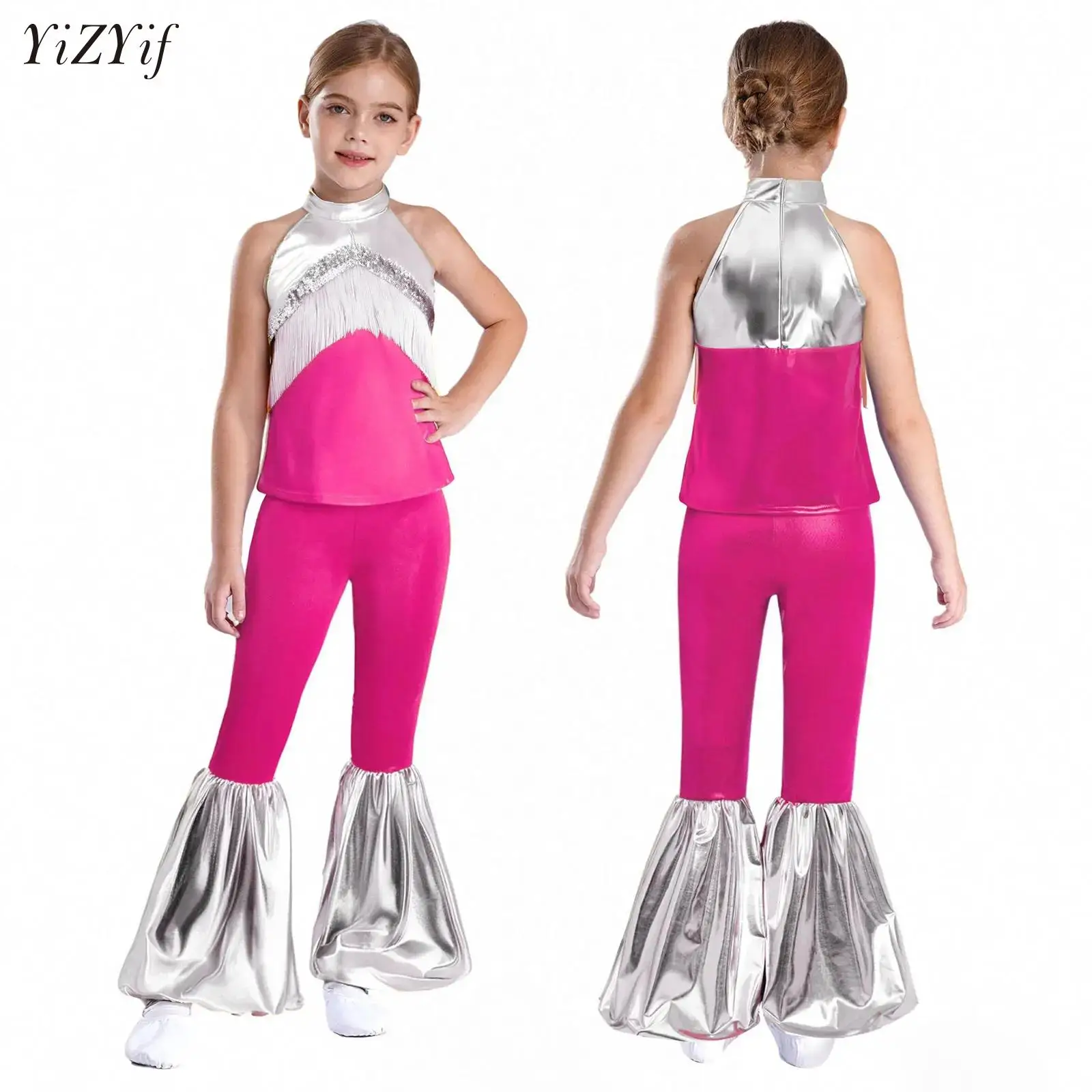 

Kids Girls 2Pcs Jazz Dance Outfit Costume Tassel Sequins Metallic Crop Top with Bell-Bottomed Pants Cheerleading Performance Set