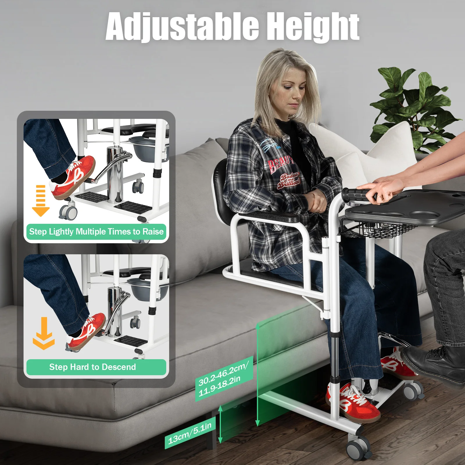 Hydraulischer Patientenlifter für den Heimgebrauch, tragbarer Transferstuhl mit 4 Universalrädern & 180°-Drehung ° Liegesessel, 150 kg Tragkraft, Pflegehilfe für Senioren (Schwarzes Display, gleiche Spezifikationen für Orange & Blau) – Detail 7