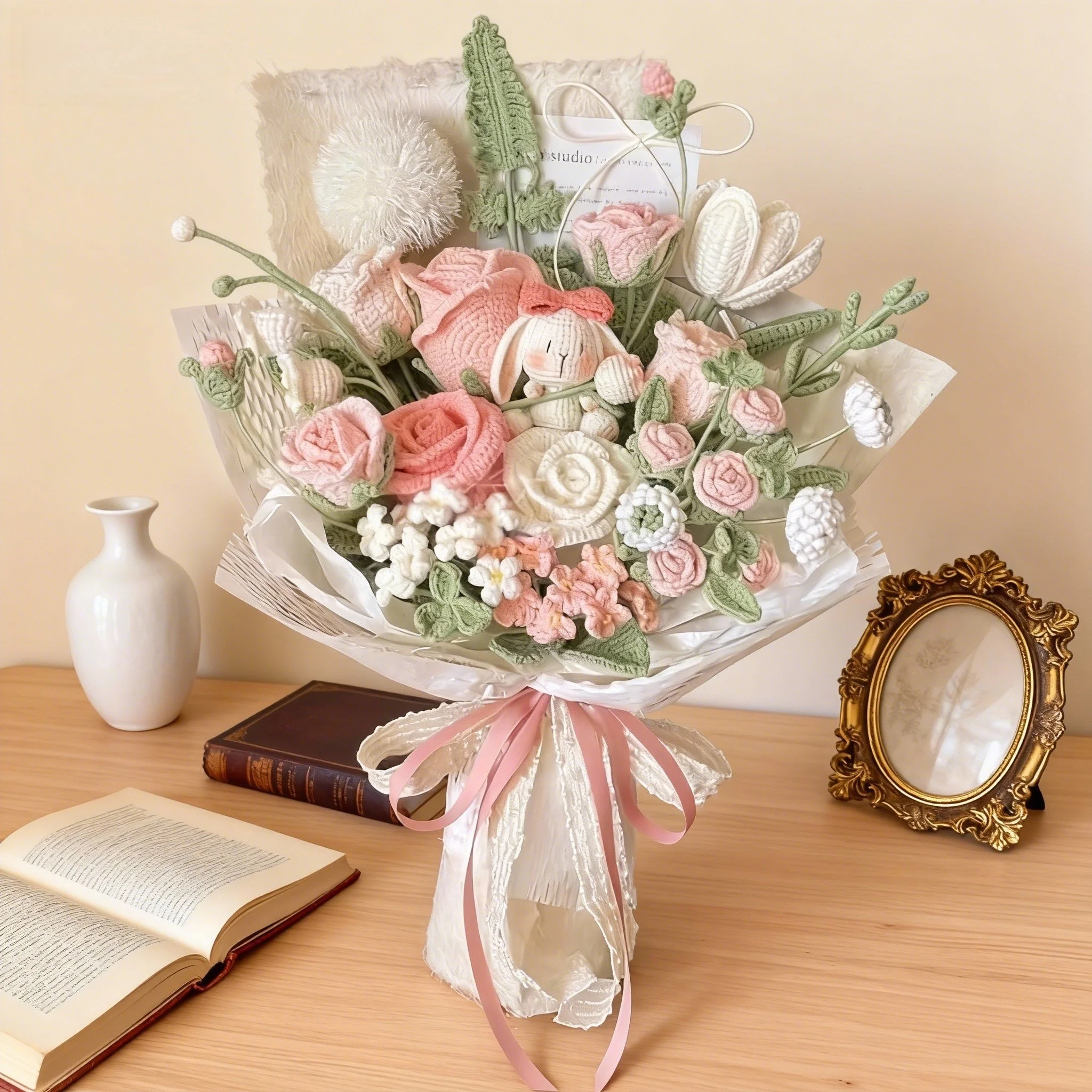 hand-knitted-wool-flower-bouquet-diy-material-kit-eternal-simulation-rose-flower-girl's-heart-drop-ear-rabbit-bouquet