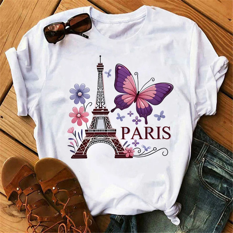 

90s Color Flower Butterfly Paris Design Print T-shirt Short Sleeve Crew Neck Casual All Season Women's Clothing Top Tee