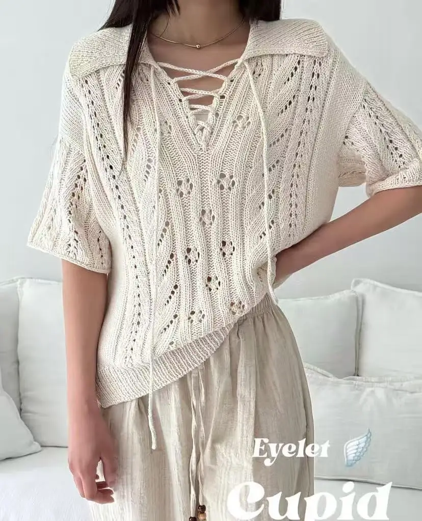 Korean style minimalist fashion versatile short sleeved hollowed out small lace top for women, looks taller in summer