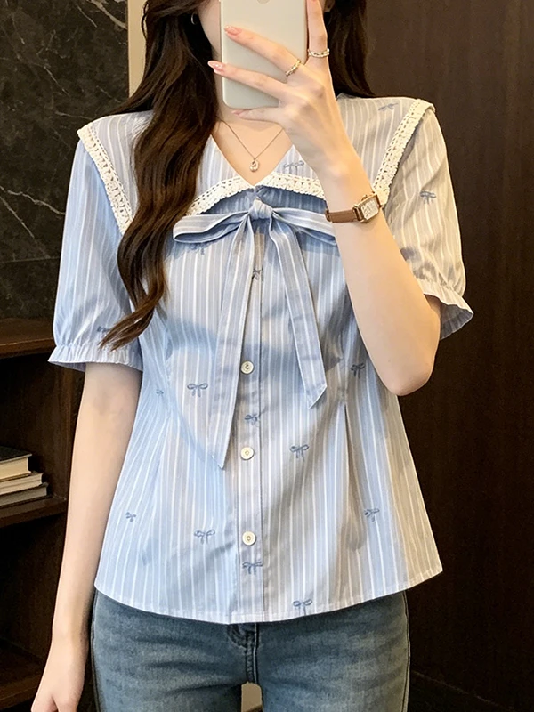 

Summer New plus Size Women's Shirt Sweet Style Naval Collar Striped Embroidery Waist Cinching Knot Top Korean Style