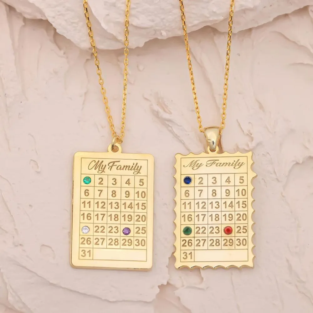 Personalized Calendar Necklace For Women Men Custom Family Birthstone Pendant Necklaces Engraved Wedding Anniversary Date Gift