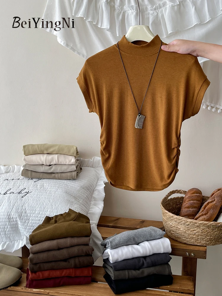 

Beiyingni 2025, новая модная женская футболка с рюшами, повседневные тонкие женские водолазки, простые уличные базовые корейские шикарные футболки