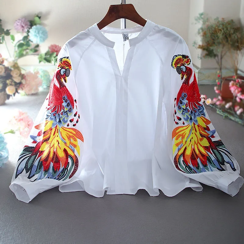 

SuperAen Fashion Embroidery Flower Lantern Sleeve Loose Casual Korea Design V-Neck Cotton Womens Tops and Blouses