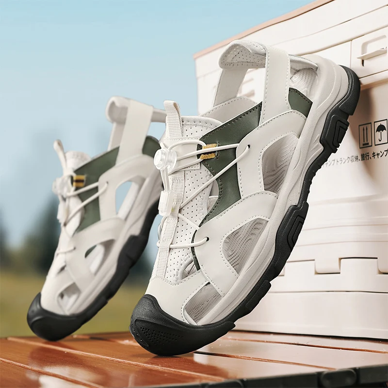 

Летние мужские повседневные кожаные сандалии для пляжа и активного отдыха в римском стиле, удобная мужская обувь для лета