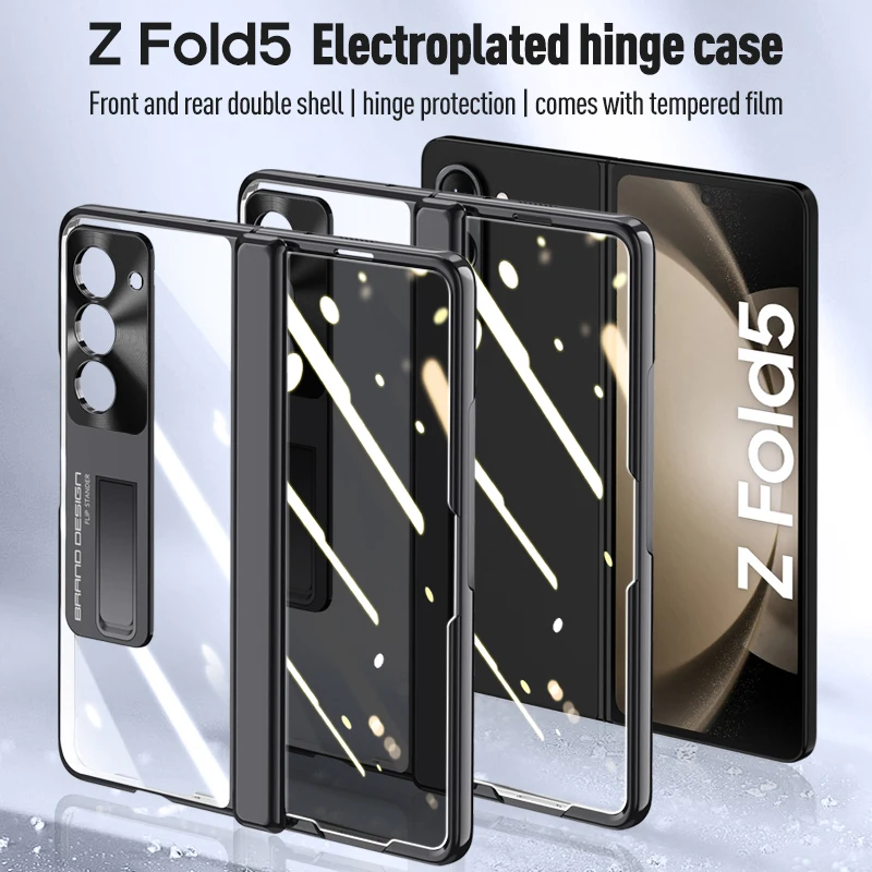 

For Samsung Galaxy Z Fold 5 Plating Clear Full Hinge Protection Shockproof Flip Case with Stand Phone Case