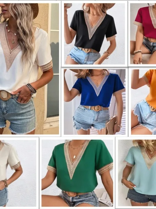 

Casual V-ne Lace Trim Loose Top Women's Faionable Commute ort Sve irt Straight Cut Other Material 00% Summer 2025