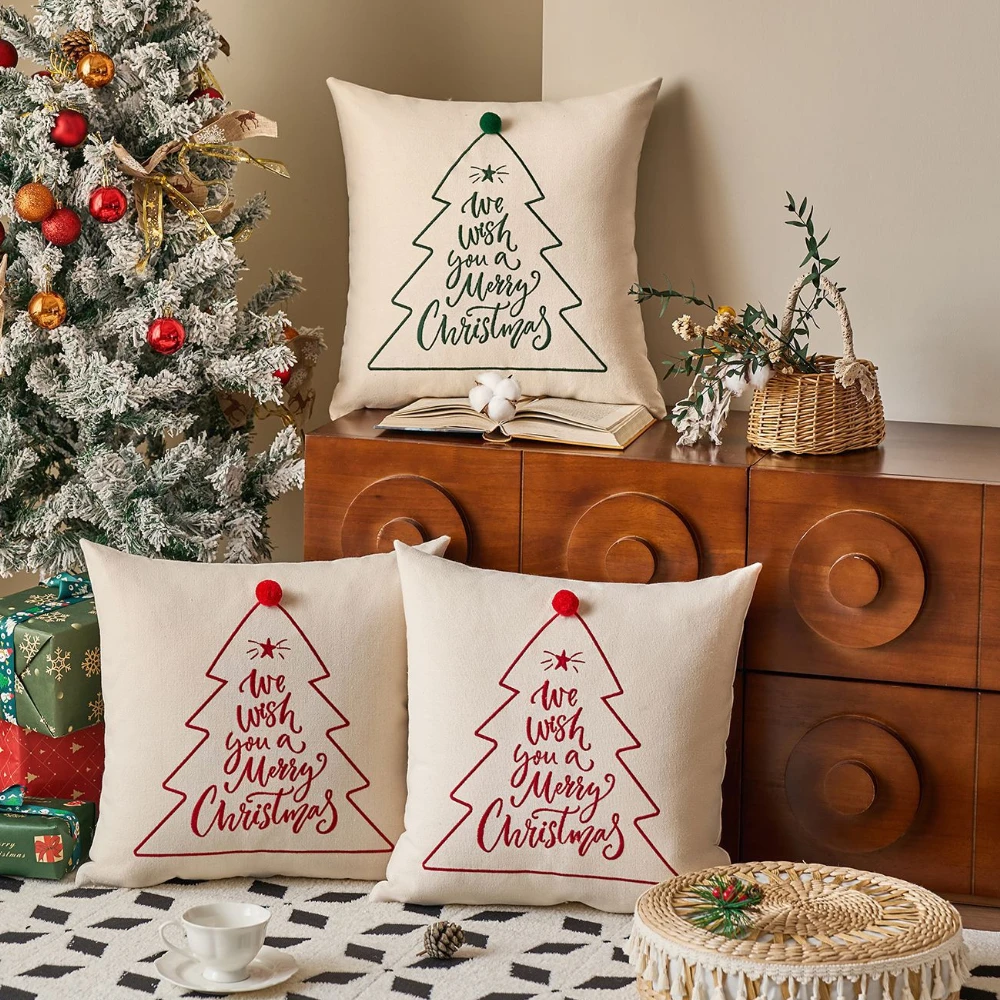 Embroidery Christmas Tree Pillow Cover with Pompom, Zipper Closure, Green, Red, Merry Christmas, 45x45cm, Home Decor