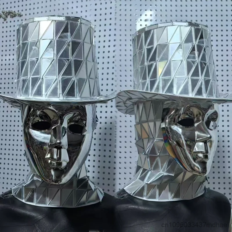 

Silver Mirror Hat Mask Bar Props Performance Hat Cosplay Party Stage Mirror Man Dance Light Robot Role Play Costume Accessories