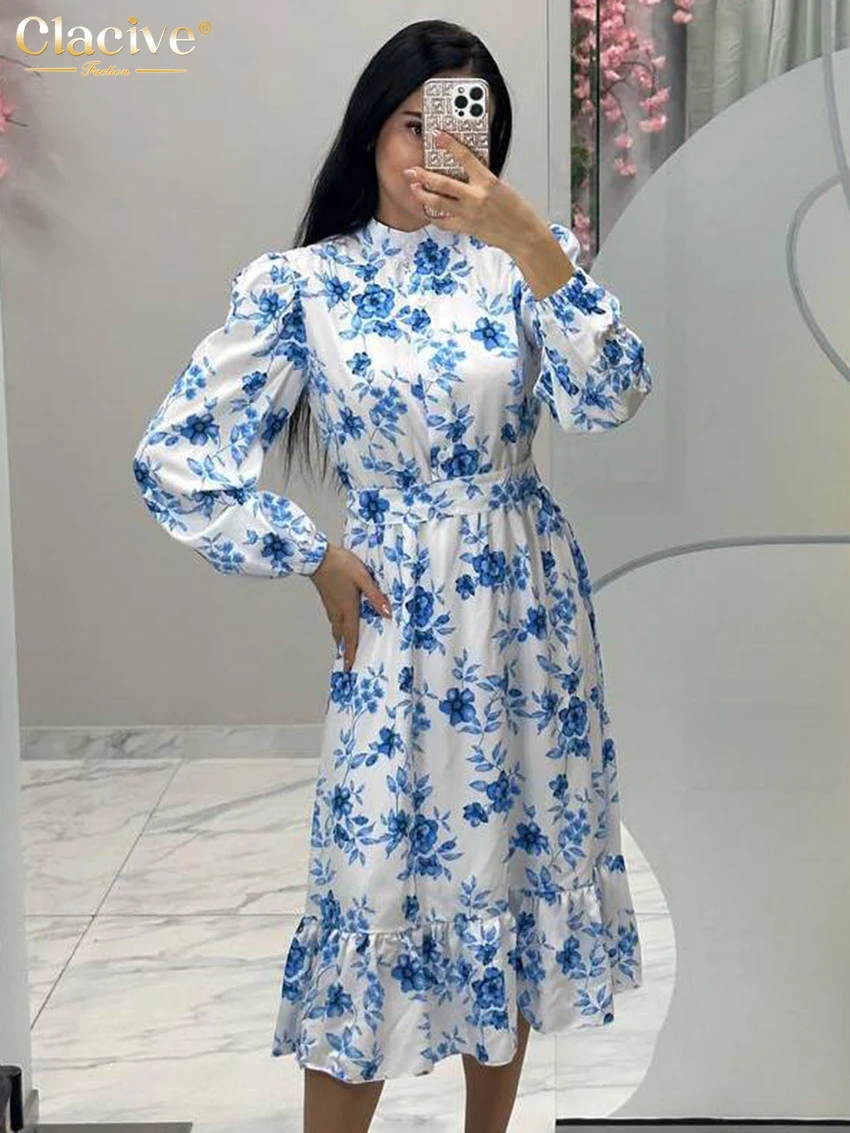 

Clacive Fashion Loose Print Women Dress Autumn Stand Collar Long Sleeve Midi Dresses Elegant Classic High Waist Female Dress
