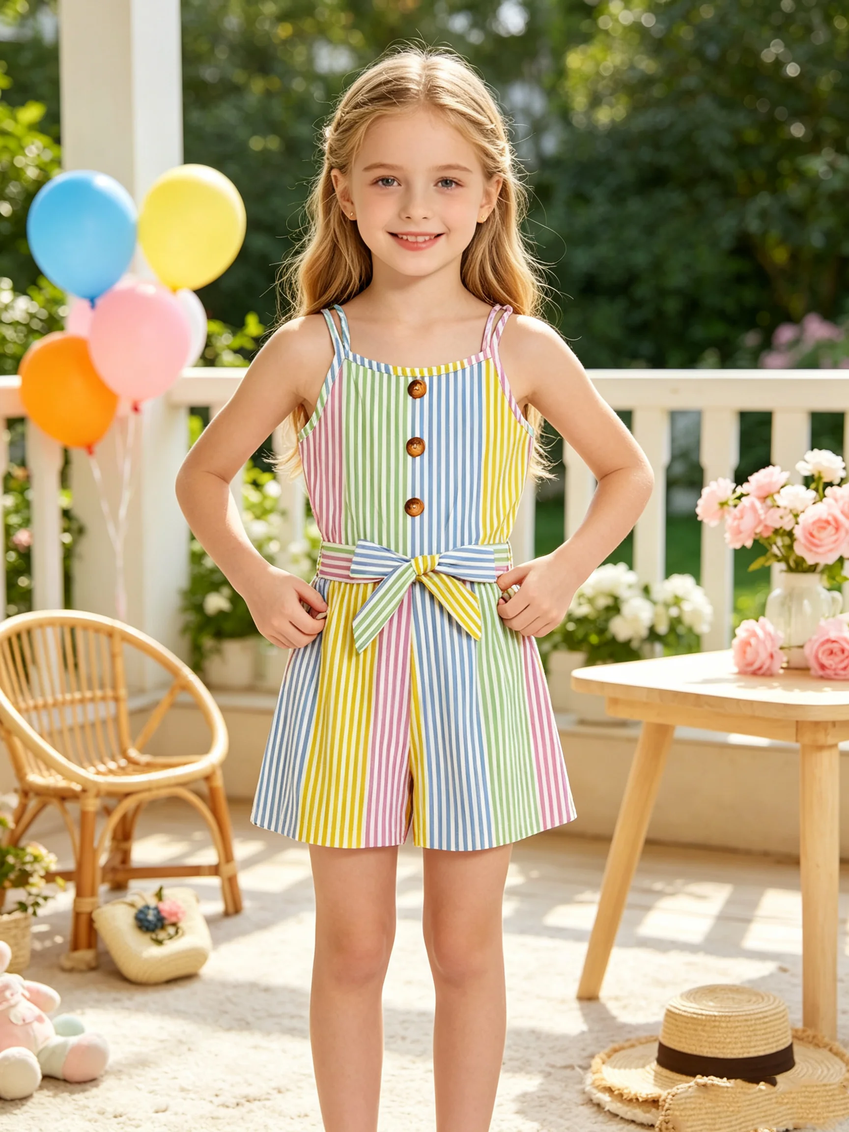 Children's Rainbow Stripe Jumpsuit Casual round Neck Button Decoration Wide Leg Strappy Shorts for Kids