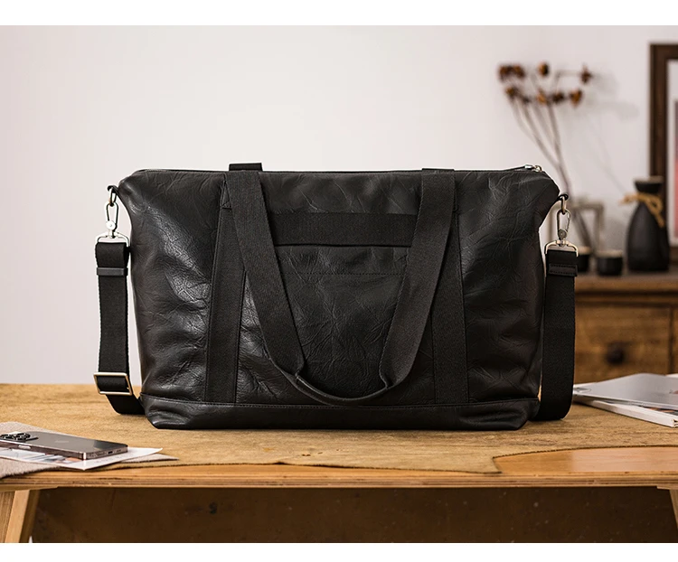 casual outdoor travel genuine leather men's black tote bag simple handmade soft cow leather youth sports fitness shoulder bag