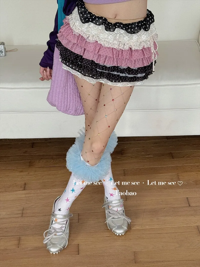 Japanese New Original Dreamy Girl Colorful Star White Calf Socks Lace Velvet Mid-Calf Women's Stockings Kawaii Sweet Y2k Hosiery