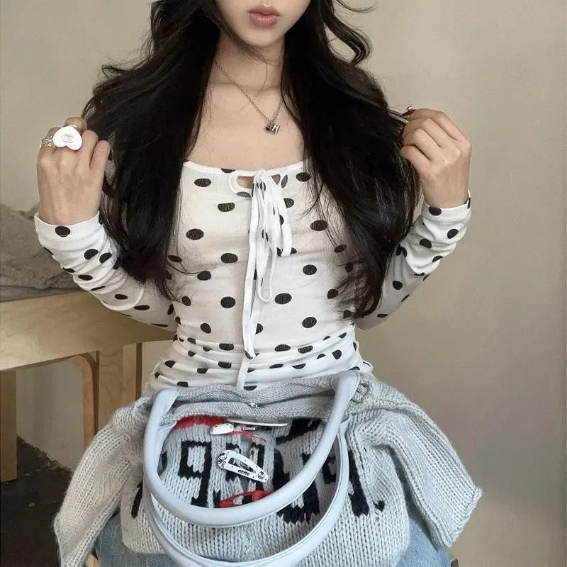 

Spring Autumn American Drawstring T-shirts Hotsweet Polka Dot Women's Clothing Long Sleeve Slim Basic O-Neck Casual Pullovers