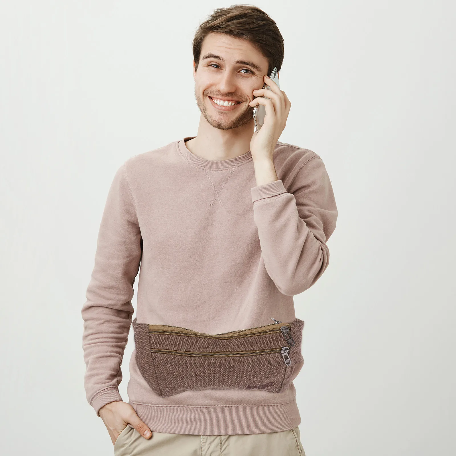 

Легкая водонепроницаемая спортивная поясная сумка с регулируемым ремнем, холщовая, для бега, походов, езды на велосипеде, для телефона, кофейного цвета, для мужчин