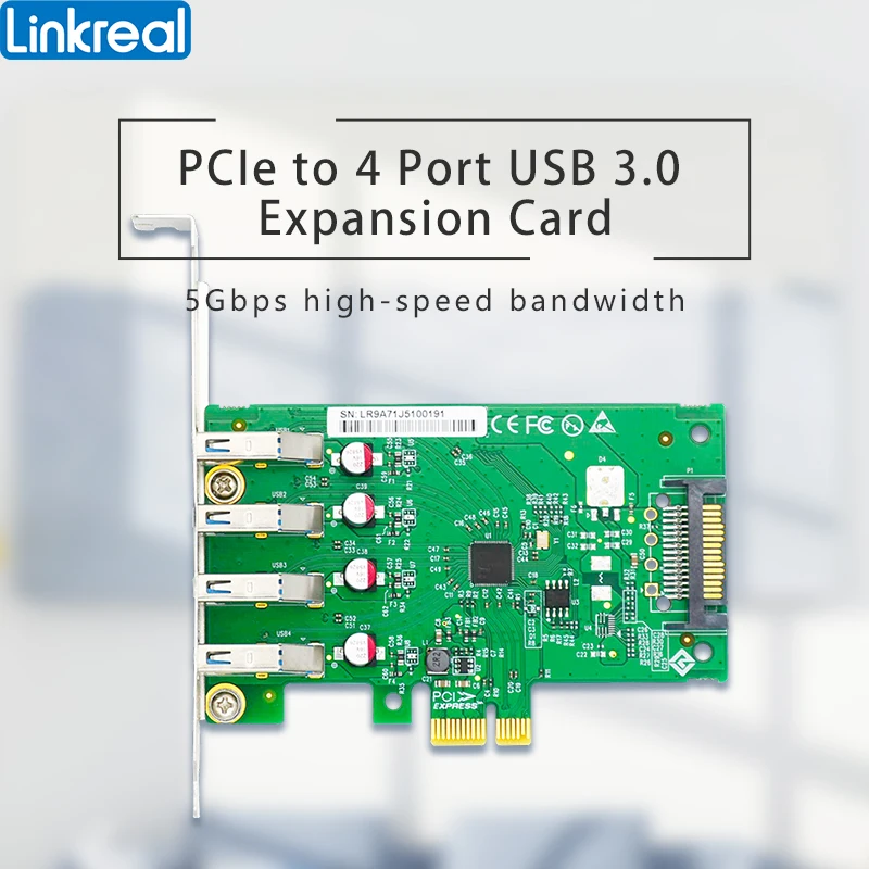 Linkreal-tarjeta de expansión de 4 puertos USB 3,0, tarjeta de expansión de 5 Gb/s para escritorio por PCIe x1 x4 x8 x16 Slot-LRSU9A71-4A