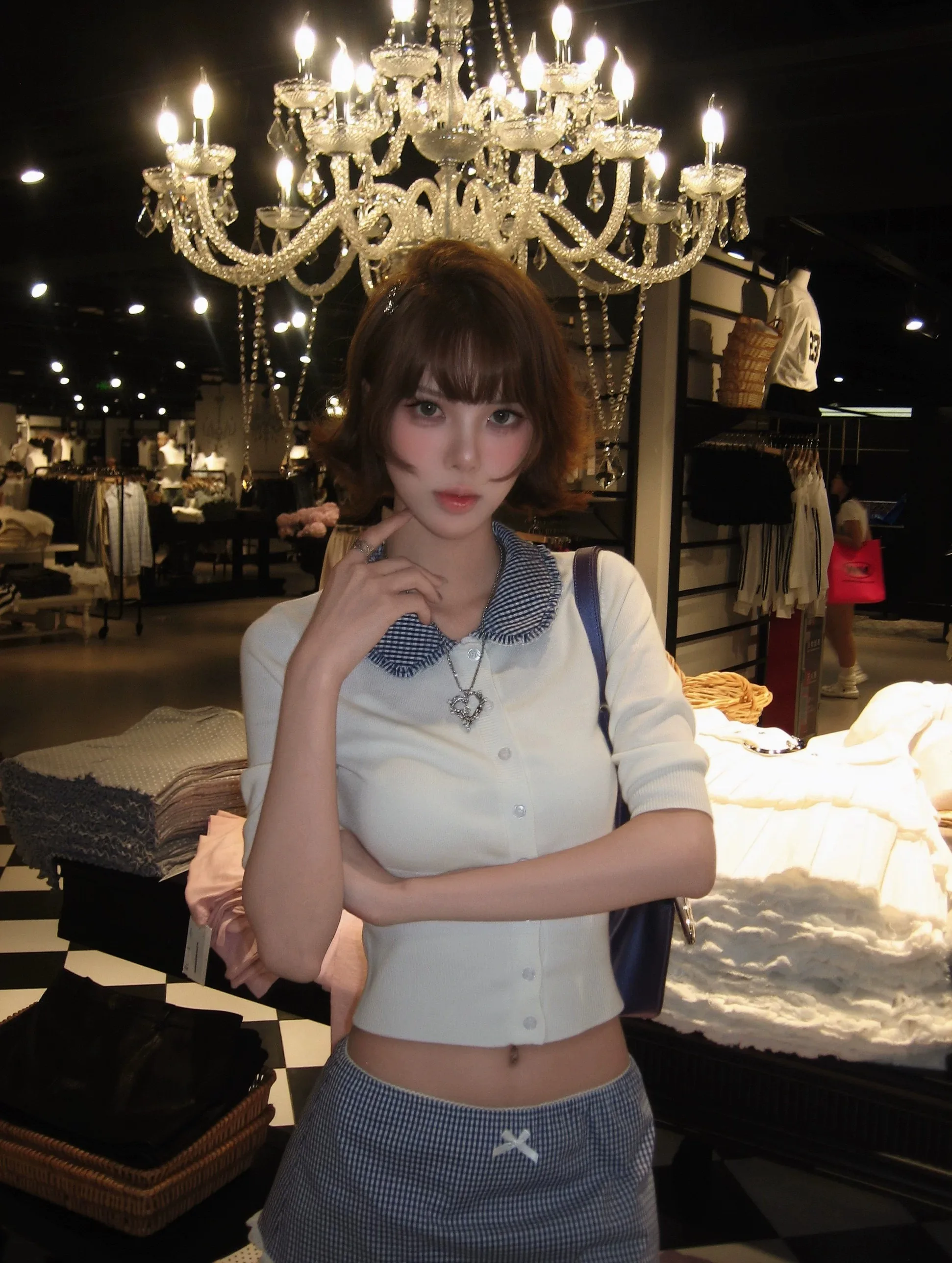 Mimiyummy Spring 2026 American Farm Style Spliced Knitted Mid-Sleeve Sweater Doll Collar Shorts Bodycon Half Skirt Set